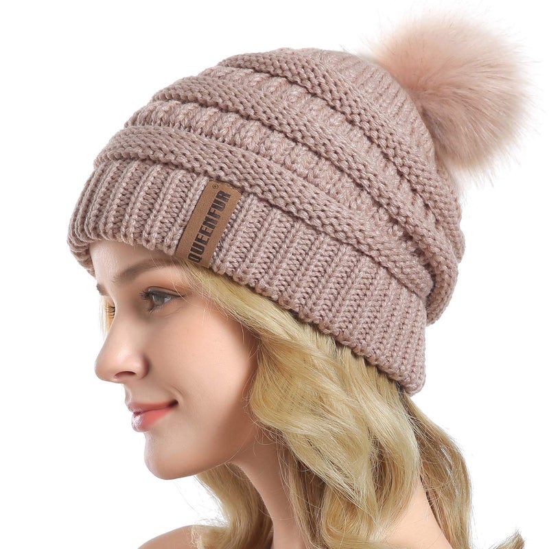 QUEENFUR Women Knit Slouchy Beanie Chunky Baggy Hat with Faux Fur Pompom Winter Soft Warm Ski Cap - Image 3
